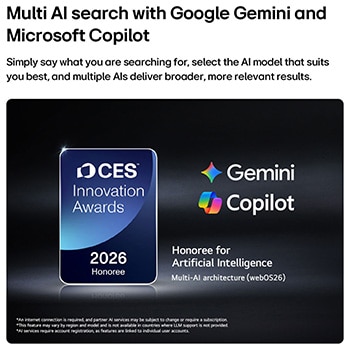 The 2026 CES Innovation Awards Honoree badge in the Artificial Intelligence category recognizes Multi-AI search with Google Gemini and Microsoft Copilot.