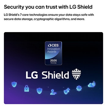 LG Shield, applied to LG OLED evo AI W6 Wallpaper TV, is shown with an LG Shield logo at the center, security icons below, and a 2026 CES Innovation Awards Honoree badge above, representing data and system protection.