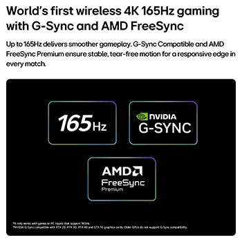 LG OLED evo AI W6 Wallpaper TV for Unbeatable Gameplay in 4K 165Hz shows a high-speed racing game with a yellow open-wheel car in motion, bold “WIN” text on screen, and NVIDIA G-SYNC and AMD FreeSync Premium logos at the top.