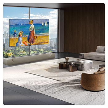 LG OLED evo AI W6 Wallpaper TV features a 9.9mm profile Wallpaper design positioned seamlessly before a panoramic window, displaying a vivid sunset cityscape whose vibrant colors and crisp detail elevate the modern living room.