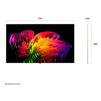 LG OLED evo AI W6 Wallpaper TV shown in front and side views highlights a 77-inch display with a 1713 mm-wide screen, an overall height of 988 mm, and an ultra-slim 9.95 mm depth without a stand.