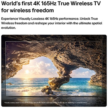 LG OLED evo AI W6 Wallpaper TV with Visually Lossless performance displays a sunlit ocean cave scene in 4K 165Hz, preserving fine detail, natural color, and smooth motion wirelessly.