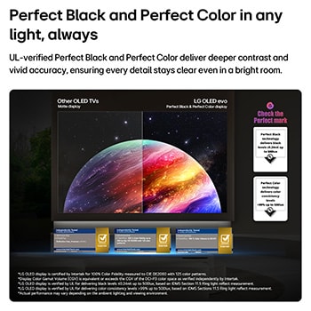 LG OLED evo AI W6 Wallpaper TV shows a split-screen planet-and-stars scene, comparing an anti-glare matte display with its Perfect Black & Perfect Color display for clearer picture quality in any light, supported by UL certification and Intertek certifications for color accuracy and Reflection-Free.