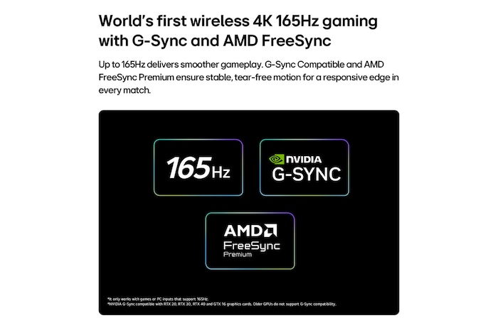 LG OLED evo AI W6 Wallpaper TV for Unbeatable Gameplay in 4K 165Hz shows a high-speed racing game with a yellow open-wheel car in motion, bold “WIN” text on screen, and NVIDIA G-SYNC and AMD FreeSync Premium logos at the top.