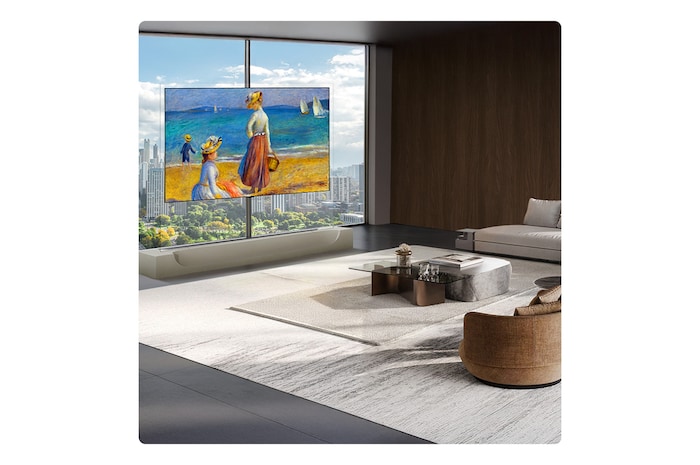 LG OLED evo AI W6 Wallpaper TV features a 9.9mm profile Wallpaper design positioned seamlessly before a panoramic window, displaying a vivid sunset cityscape whose vibrant colors and crisp detail elevate the modern living room.