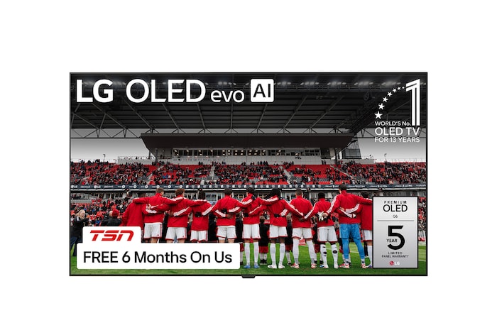 The front view of LG OLED evo AI W6 Wallpaper, released in 2026, displays a dynamic wave-like composition on screen, featuring Wallpaper Design, True Wireless Technology, Hyper Radiant Color Tech, and the World’s No.1 OLED TV for 13 Years badge.