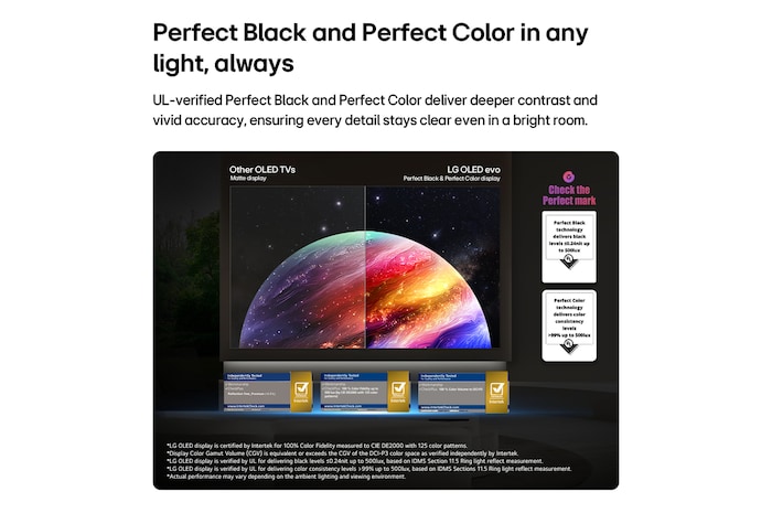 LG OLED evo AI W6 Wallpaper TV shows a split-screen planet-and-stars scene, comparing an anti-glare matte display with its Perfect Black & Perfect Color display for clearer picture quality in any light, supported by UL certification and Intertek certifications for color accuracy and Reflection-Free.