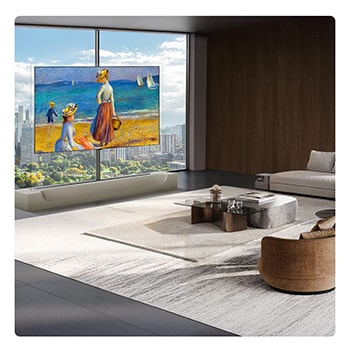 LG OLED evo AI W6 Wallpaper TV features a 9.9mm profile Wallpaper design positioned seamlessly before a panoramic window, displaying a vivid sunset cityscape whose vibrant colors and crisp detail elevate the modern living room.