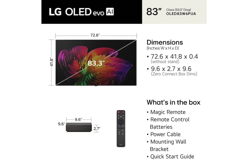 LG OLED evo AI W6 Wallpaper TV shown in front and side views highlights a 83-inch display with a 1844 mm-wide screen, an overall height of 1061 mm, and an ultra-slim 9.95 mm depth without a stand.
