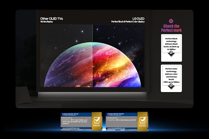 LG OLED AI B6 shows a split-screen planet-and-stars scene, comparing an anti-glare matte display with its Perfect Black & Perfect Color display for clearer picture quality in any light, supported by UL certification and Intertek certifications for color volume and color fidelity.