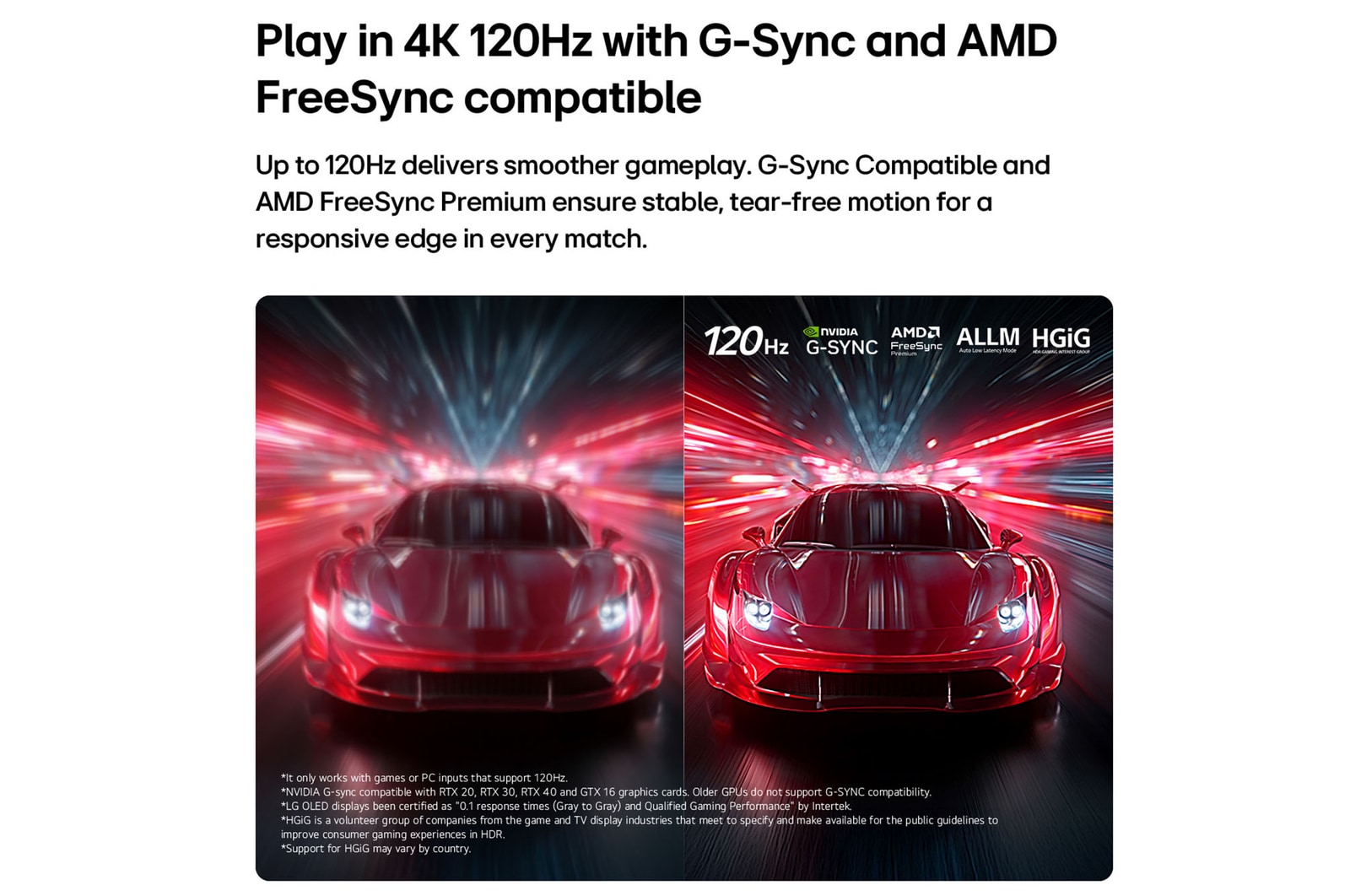 LG OLED AI B6 compares 144Hz vs 60Hz in a motorcycle racing game, showing the 144Hz panel as ultra-smooth and tear-free. NVIDIA G-SYNC and AMD FreeSync Premium logos appear at top left.