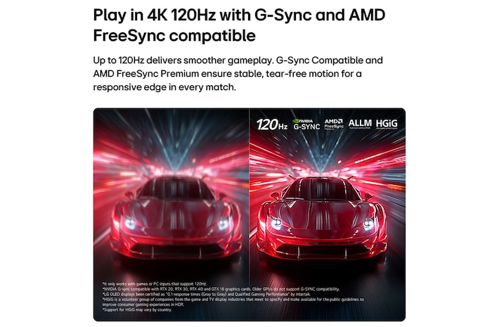 LG OLED AI B6 compares 144Hz vs 60Hz in a motorcycle racing game, showing the 144Hz panel as ultra-smooth and tear-free. NVIDIA G-SYNC and AMD FreeSync Premium logos appear at top left.