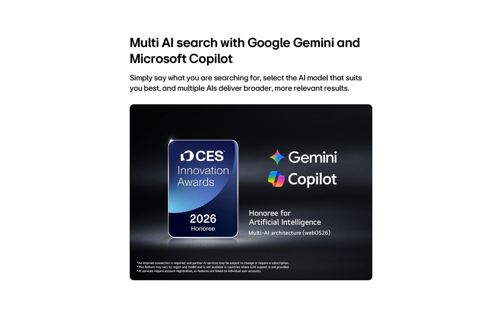 The 2026 CES Innovation Awards Honoree badge in the Artificial Intelligence category recognizes Multi-AI search with Google Gemini and Microsoft Copilot.