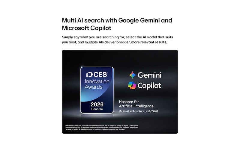 The 2026 CES Innovation Awards Honoree badge in the Artificial Intelligence category recognizes Multi-AI search with Google Gemini and Microsoft Copilot.