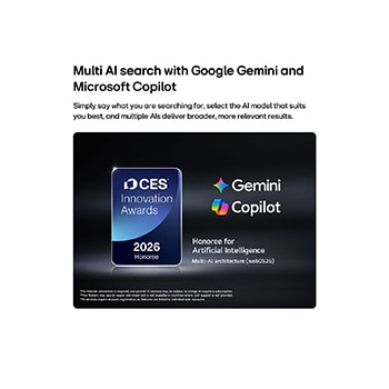 The 2026 CES Innovation Awards Honoree badge in the Artificial Intelligence category recognizes Multi-AI search with Google Gemini and Microsoft Copilot.