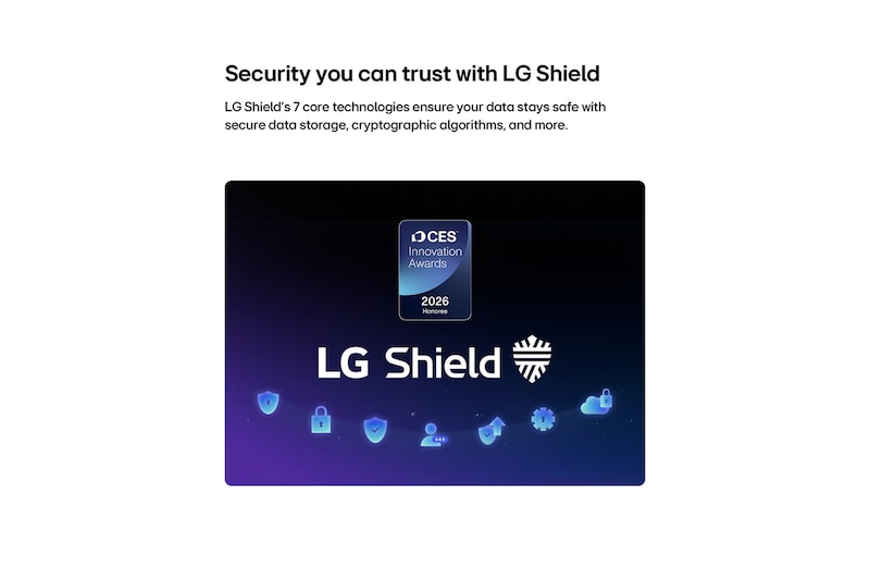 LG Shield, applied to LG OLED AI B6, is shown with an LG Shield logo at the center, security icons below, and a 2026 CES Innovation Awards Honoree badge above, representing data and system protection.