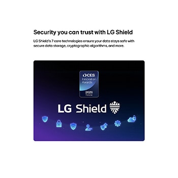 LG Shield, applied to LG OLED AI B6, is shown with an LG Shield logo at the center, security icons below, and a 2026 CES Innovation Awards Honoree badge above, representing data and system protection.