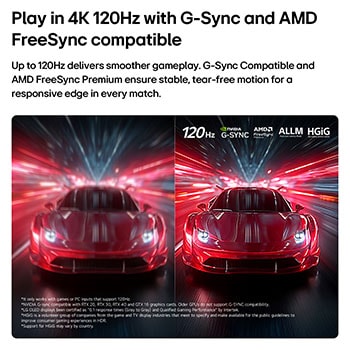 LG OLED AI B6 compares 144Hz vs 60Hz in a motorcycle racing game, showing the 144Hz panel as ultra-smooth and tear-free. NVIDIA G-SYNC and AMD FreeSync Premium logos appear at top left.