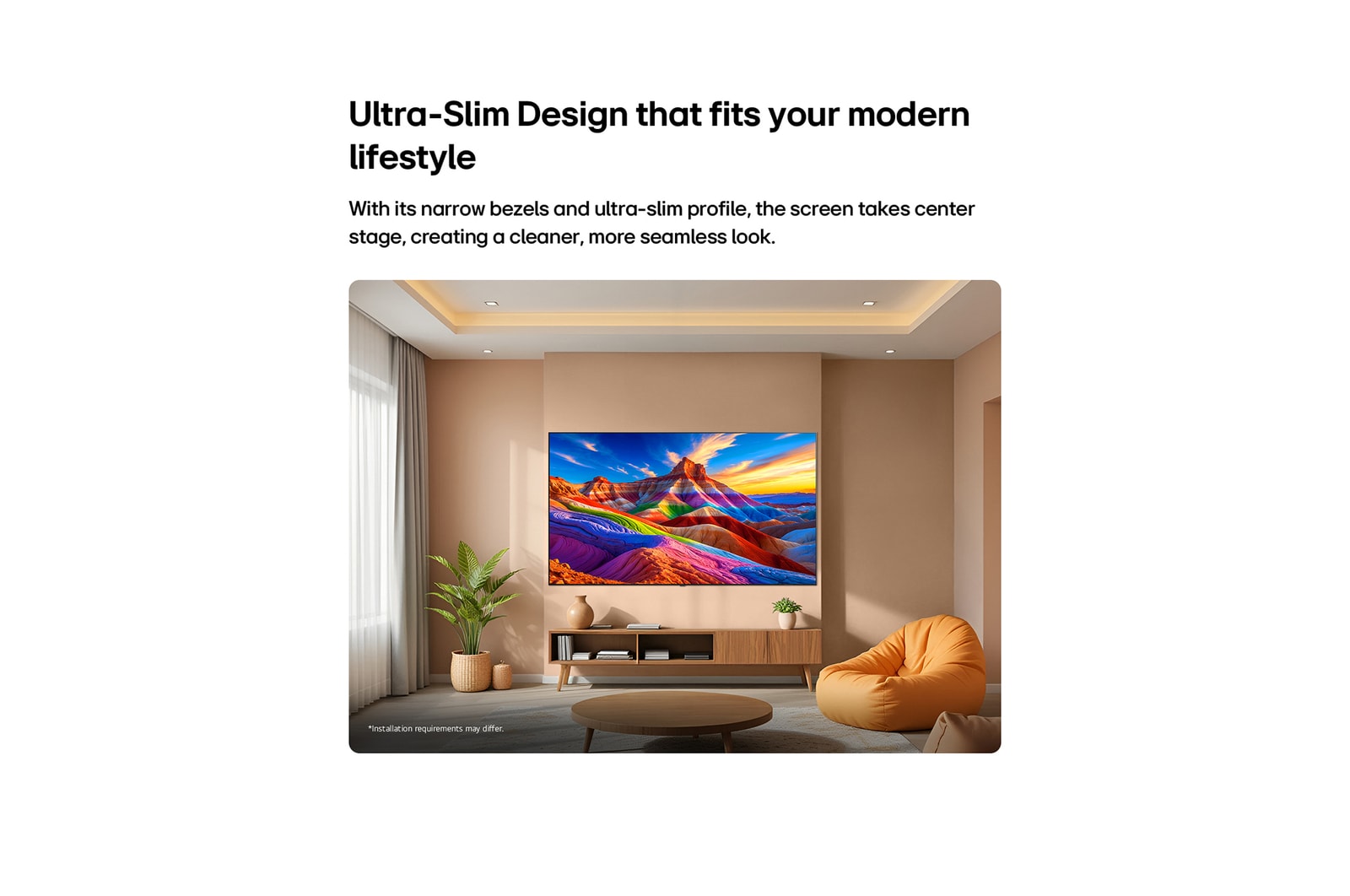 LG OLED AI B6 is wall-mounted in a styled living space, featuring an ultra-slim design with narrow bezels, and it displays a rainbow-toned landscape with layered mountain forms on screen.