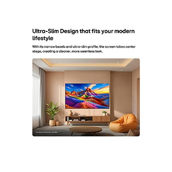 LG OLED AI B6 is wall-mounted in a styled living space, featuring an ultra-slim design with narrow bezels, and it displays a rainbow-toned landscape with layered mountain forms on screen.