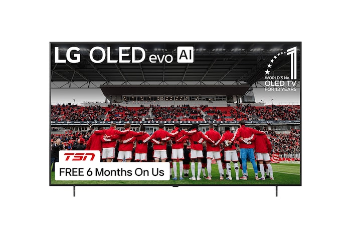 The front view of LG OLED AI B6, released in 2026, features a slim black bezel, with a vivid, sculptural image of richly layered, multicolored forms filling the screen.