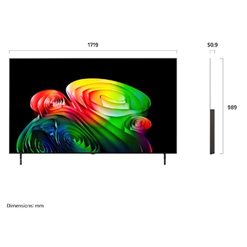 LG OLED AI B6 shown in front and side views highlights a 77-inch display with a 1719 mm-wide screen, an overall height of 989 mm, and an ultra-slim 50.9 mm depth without a stand.