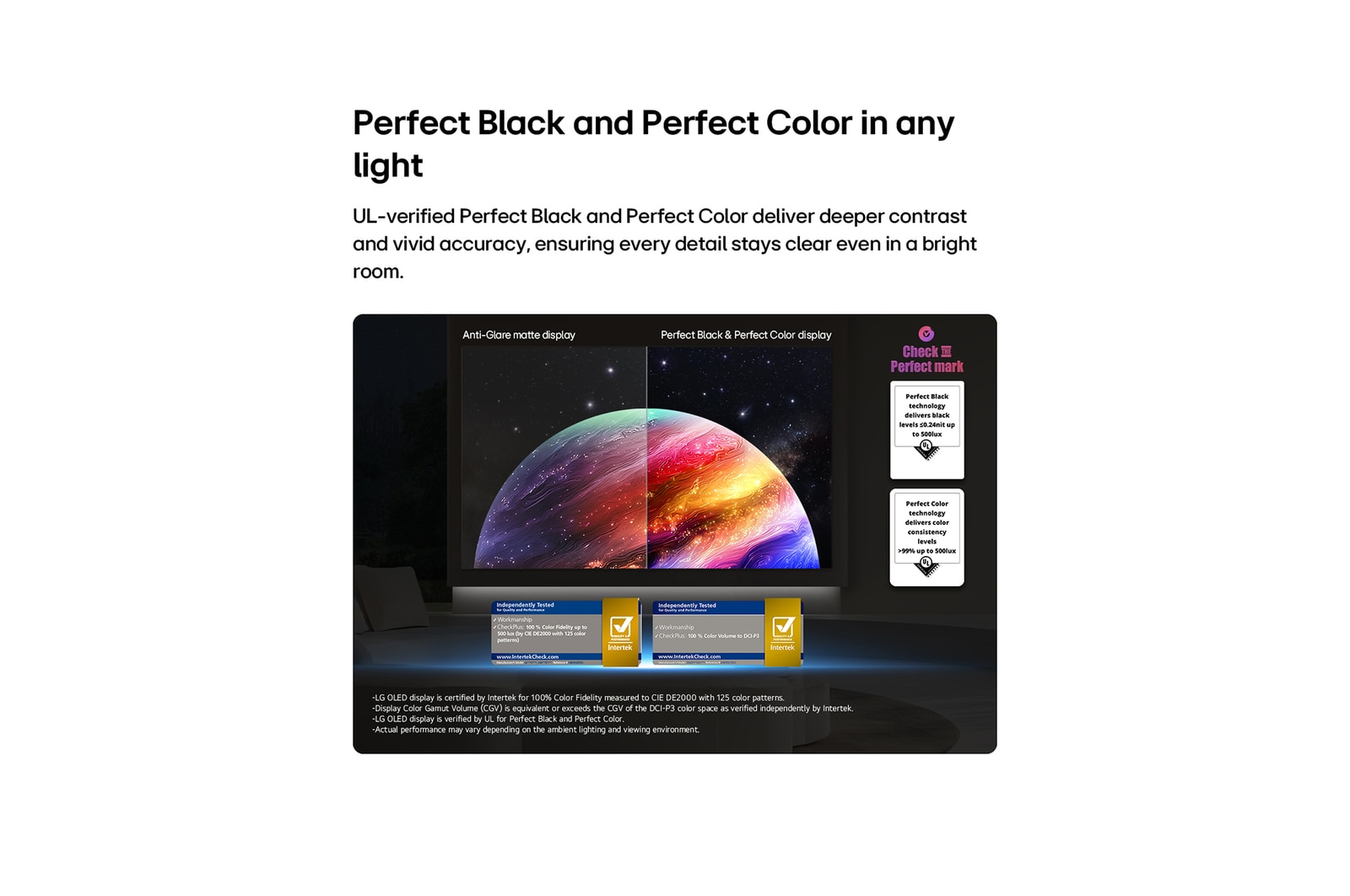 LG OLED AI B6 shows a split-screen planet-and-stars scene, comparing an anti-glare matte display with its Perfect Black & Perfect Color display for clearer picture quality in any light, supported by UL certification and Intertek certifications for color volume and color fidelity.