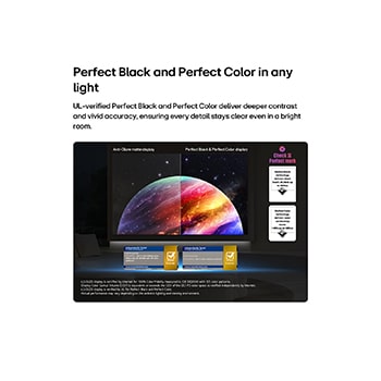 LG OLED AI B6 shows a split-screen planet-and-stars scene, comparing an anti-glare matte display with its Perfect Black & Perfect Color display for clearer picture quality in any light, supported by UL certification and Intertek certifications for color volume and color fidelity.