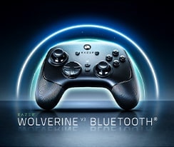 LG QNED evo AI Mini LED QNED8M with Bluetooth Ultra Low Latency shows a wireless game controller labeled “Razer Wolverine V3 Bluetooth” on screen, indicating optimized Bluetooth controller support for responsive gameplay.