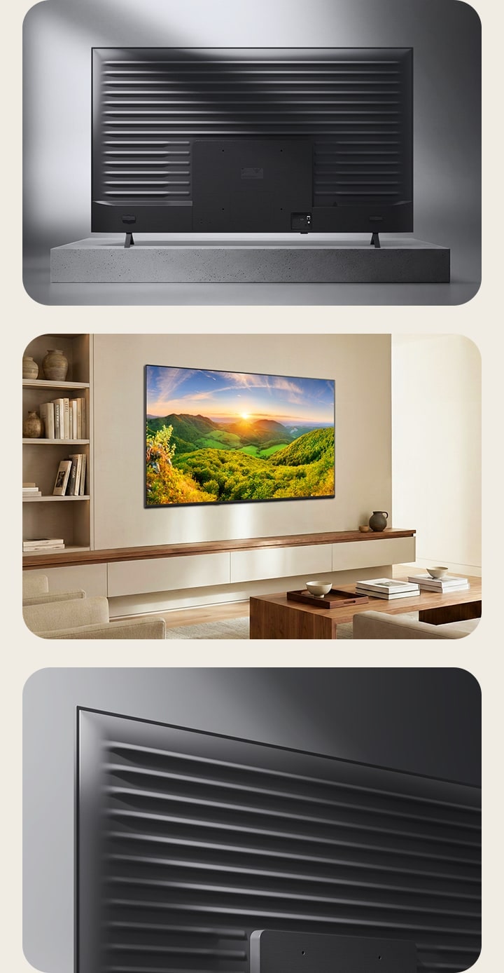 LG QNED evo AI Mini LED QNED8M with Linear Flow Design is presented in a multi-angle view, with a rear panel shown at the top, a slim wall-mounted living room scene at the bottom left, and a close-up of the ridged metal back at the bottom right.
