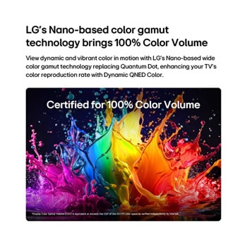 LG QNED AI QNED73 Mini LED with Dynamic QNED Color fills the screen with vivid, fluid bursts of multicolored, paint-like motion, showcasing enhanced color vibrancy certified for 100% Color Volume.