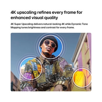 LG QNED AI QNED73 Mini LED with 4K Super Upscaling and Dynamic Tone Mapping shows a low-angle outdoor scene of a man between colorful buildings, as AI recognizes the scene and upscales each frame to 4K resolution.