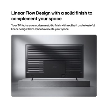 LG QNED AI QNED73 Mini LED is shown from the back, revealing a metallic rear panel with evenly spaced horizontal ridges that create a clean, structured look and emphasize the Linear Flow Design across the entire surface.