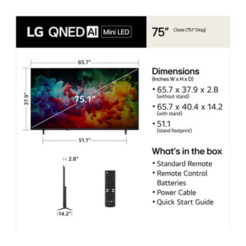 LG QNED AI QNED73 Mini LED shown in front and side views highlights a 75-inch display with a 1669 mm-wide screen, 963 mm screen height, 1026 mm height with stand, a 72.1 mm profile depth, and a stand footprint measuring 1299 by 361 mm.