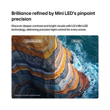 LG QNED AI QNED73 Mini LED highlights how its Mini LED reveals sharper rock textures and clearer ocean detail than conventional LED in a split coastal cliff scene, delivering deeper blacks and more refined contrast for greater clarity and depth.
