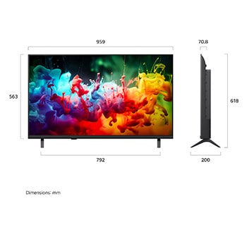 LG QNED AI QNED75 Mini LED shown in front and side views highlights a 50-inch display with a 1112 mm-wide screen, 649 mm screen height, 711 mm height with stand, a 70.8 mm profile depth, and a stand footprint measuring 902 by 230 mm.