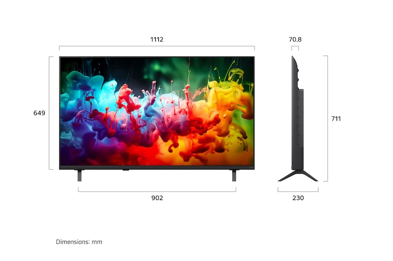 LG QNED AI QNED75 Mini LED shown in front and side views highlights a 50-inch display with a 1112 mm-wide screen, 649 mm screen height, 711 mm height with stand, a 70.8 mm profile depth, and a stand footprint measuring 902 by 230 mm.