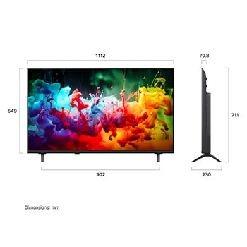 LG QNED AI QNED75 Mini LED shown in front and side views highlights a 50-inch display with a 1112 mm-wide screen, 649 mm screen height, 711 mm height with stand, a 70.8 mm profile depth, and a stand footprint measuring 902 by 230 mm.