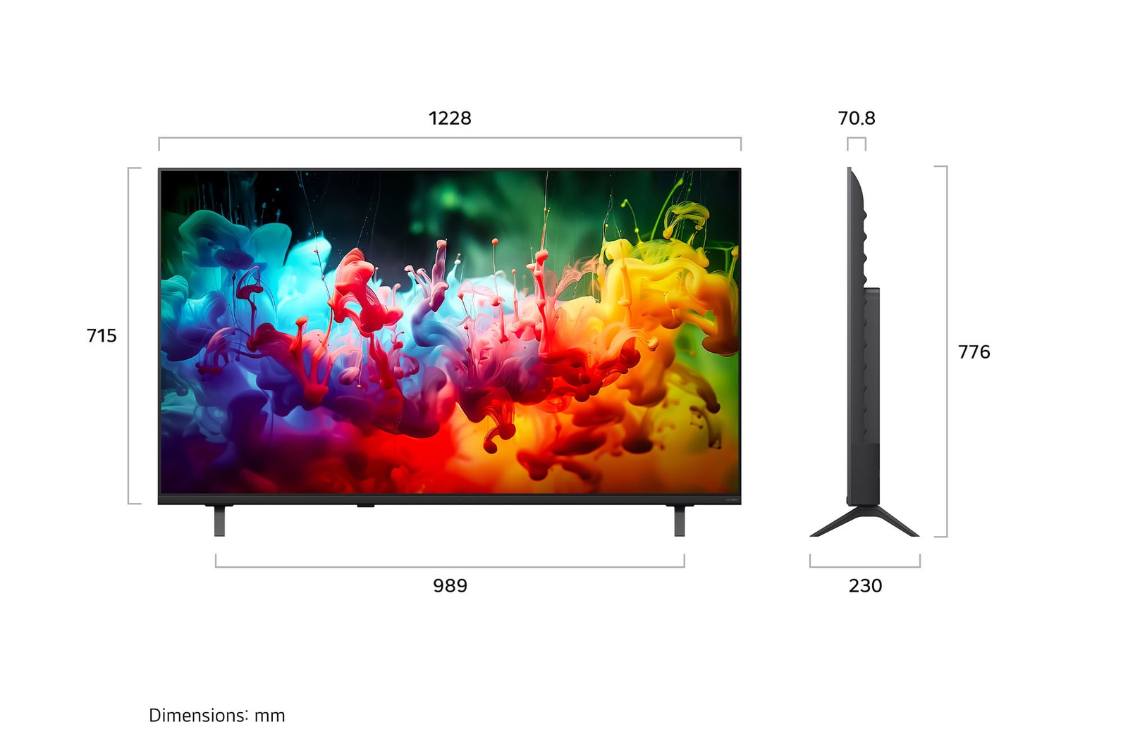 LG QNED AI QNED75 Mini LED shown in front and side views highlights a 55-inch display with a 1228 mm-wide screen, 715 mm screen height, 776 mm height with stand, a 70.8 mm profile depth, and a stand footprint measuring 989 by 230 mm.