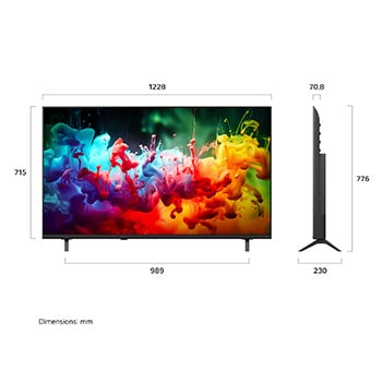 LG QNED AI QNED75 Mini LED shown in front and side views highlights a 55-inch display with a 1228 mm-wide screen, 715 mm screen height, 776 mm height with stand, a 70.8 mm profile depth, and a stand footprint measuring 989 by 230 mm.