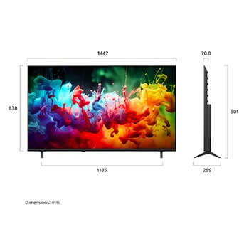 LG QNED AI QNED75 Mini LED shown in front and side views highlights a 65-inch display with a 1447 mm-wide screen, 838 mm screen height, 901 mm height with stand, a 70.8 mm profile depth, and a stand footprint measuring 1185 by 269 mm.