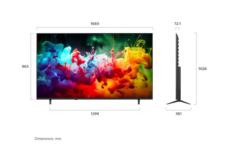 LG QNED AI QNED75 Mini LED shown in front and side views highlights a 75-inch display with a 1669 mm-wide screen, 963 mm screen height, 1026 mm height with stand, a 72.1 mm profile depth, and a stand footprint measuring 1299 by 361 mm.