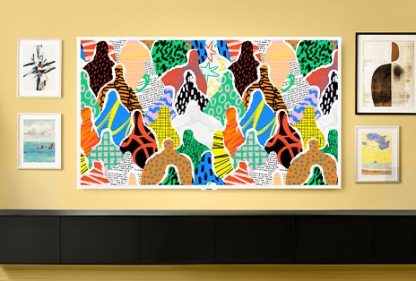 LG Gallery TV AI with frame LX7 ART TV showcases vibrant contemporary artwork within a framed design, reinforcing its identity as an art-centric display in a curated space.