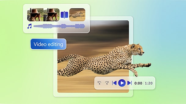 Cette image montre une représentation visuelle du montage vidéo, avec un guépard en pleine course dans un cadre de prévisualisation multimédia, entouré d'icônes et de clips de montage, ainsi qu'un texte soulignant la facilité avec laquelle les Copilot+ PC gèrent les projets créatifs exigeants.