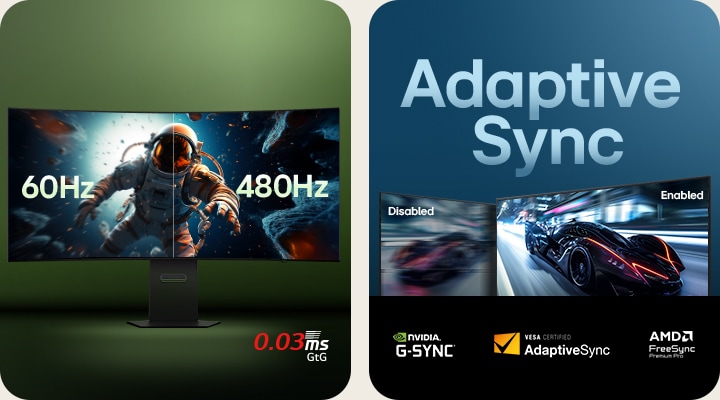 Des visuels côte à côte mettent en évidence les performances de jeu de LG UltraGear. À gauche, on voit une comparaison entre un moniteur incurvé avec un taux de rafraîchissement de 60Hz et un autre avec un taux de rafraîchissement de 480Hz et un temps de réponse de 0.03ms dans une scène spatiale. À droite, on voit une comparaison entre un jeu de course futuriste avec Adaptive Sync activé et un autre avec Adaptive Sync désactivé, avec les logos NVIDIA G-SYNC, VESA AdaptiveSync et AMD FreeSync Premium Pro.