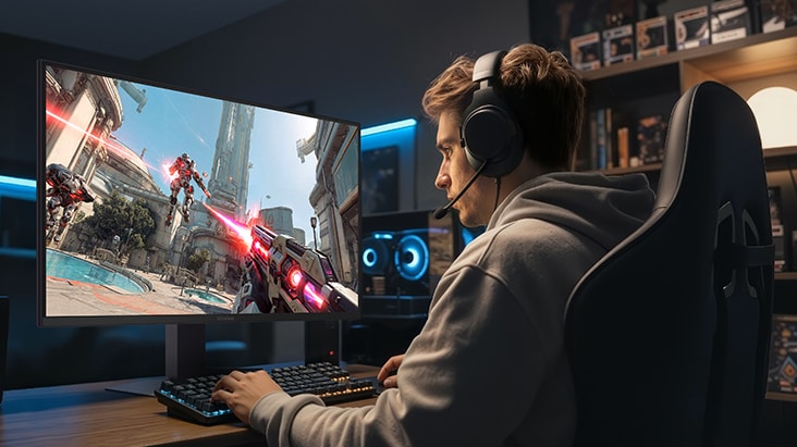 Un joueur portant des écouteurs joue à un FPS sur un moniteur LG UltraGear, avec un taux de rafraîchissement élevé et un temps de réponse rapide.