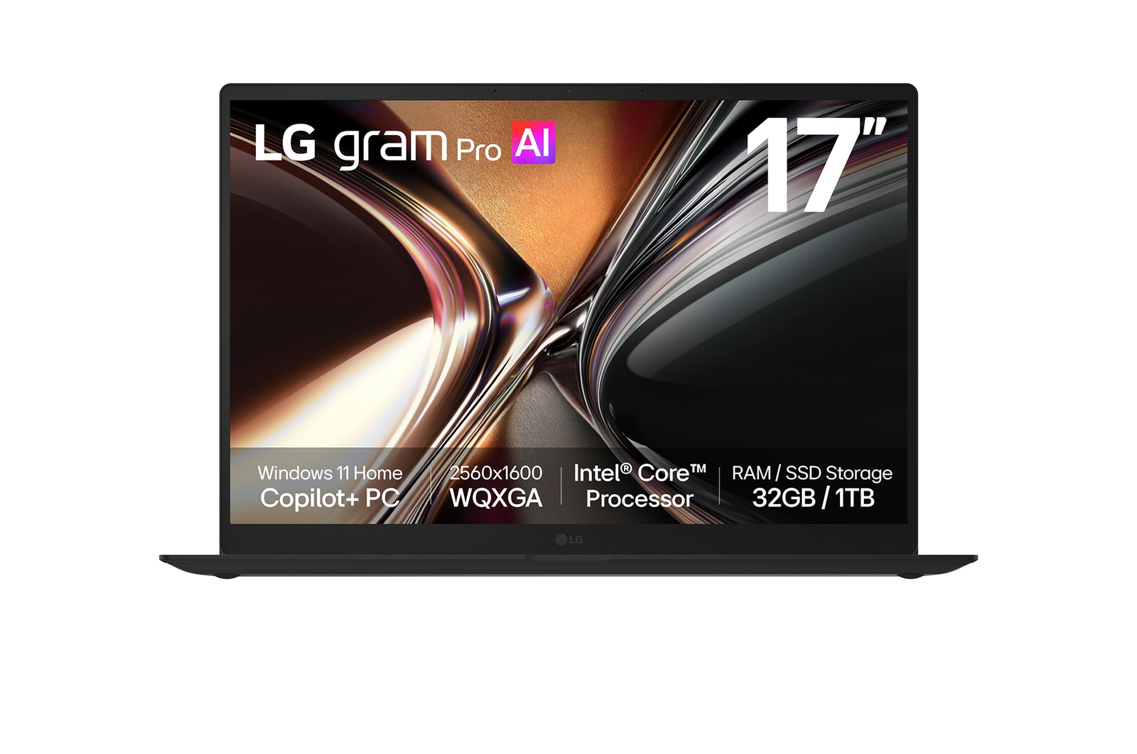 Vue avant de LG Gram Pro 17 pouces | <br>Copilot+ PC | Windows 11 Accueil | Portable double IA léger (1,3 kg) | Intel® Core™ U7 alimenté par l’IA, écran tactile IPS 17Z90U-G