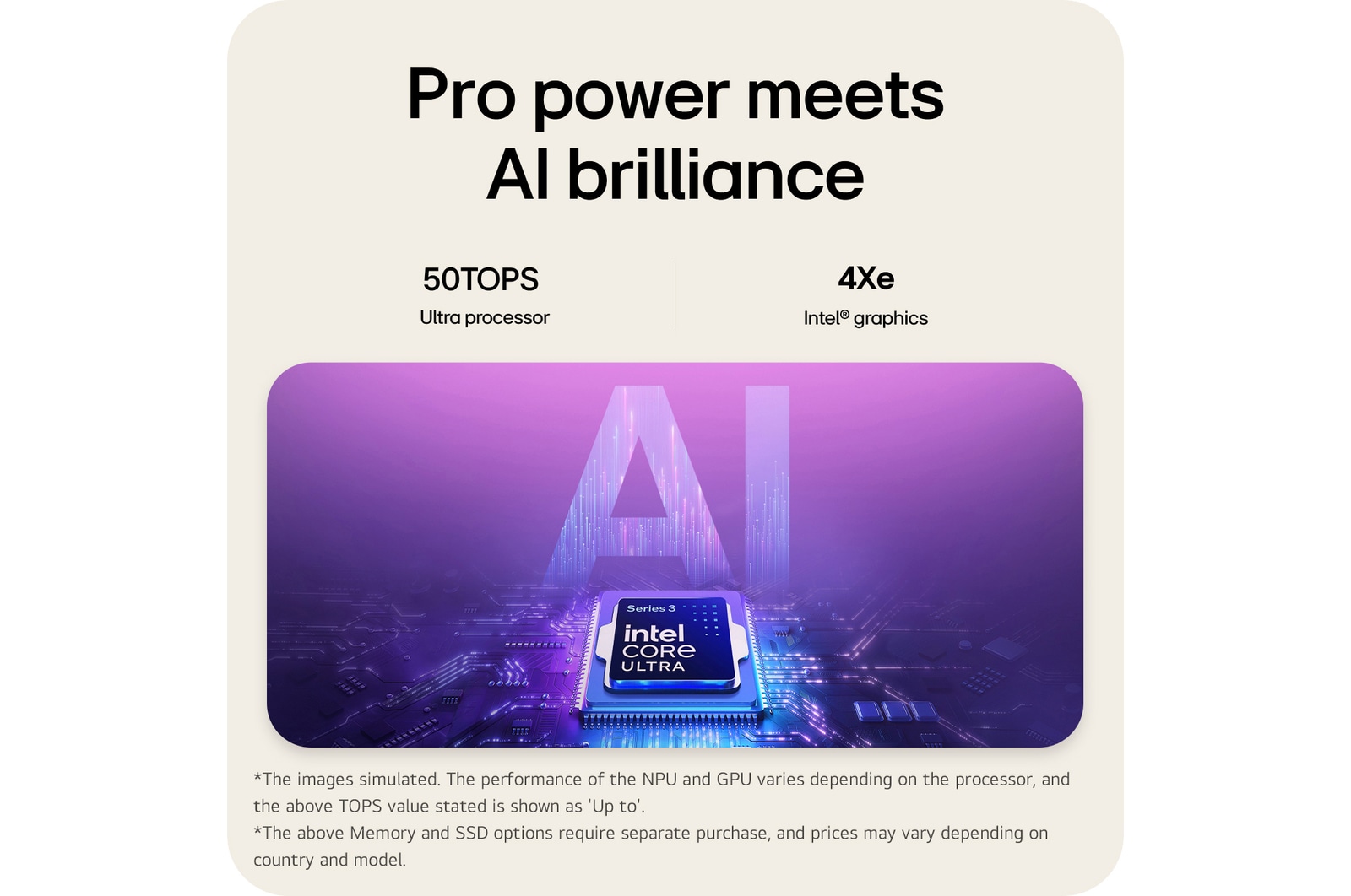 'The image features an Intel® Core™ Ultra processor set against a blue-to-purple gradient background, with large semi-transparent “AI” text layered behind the chipset.