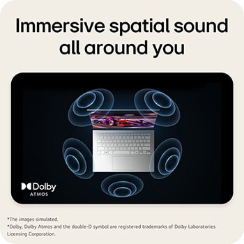 'The image shows a top-down view of a laptop with a vibrant, purple-themed graphic on the screen. Surrounding the laptop are dynamic sound wave visuals, indicating an immersive audio experience. The "Dolby Atmos" logo is displayed in the bottom right corner.