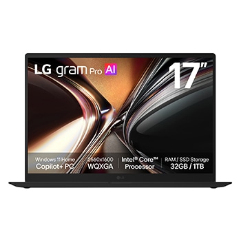 Vue avant de LG Gram Pro 17 pouces | <br>Copilot+ PC | Windows 11 Accueil | Portable double IA léger (1,3 kg) | Intel® Core™ U7 alimenté par l’IA, écran tactile IPS 17Z90U-G